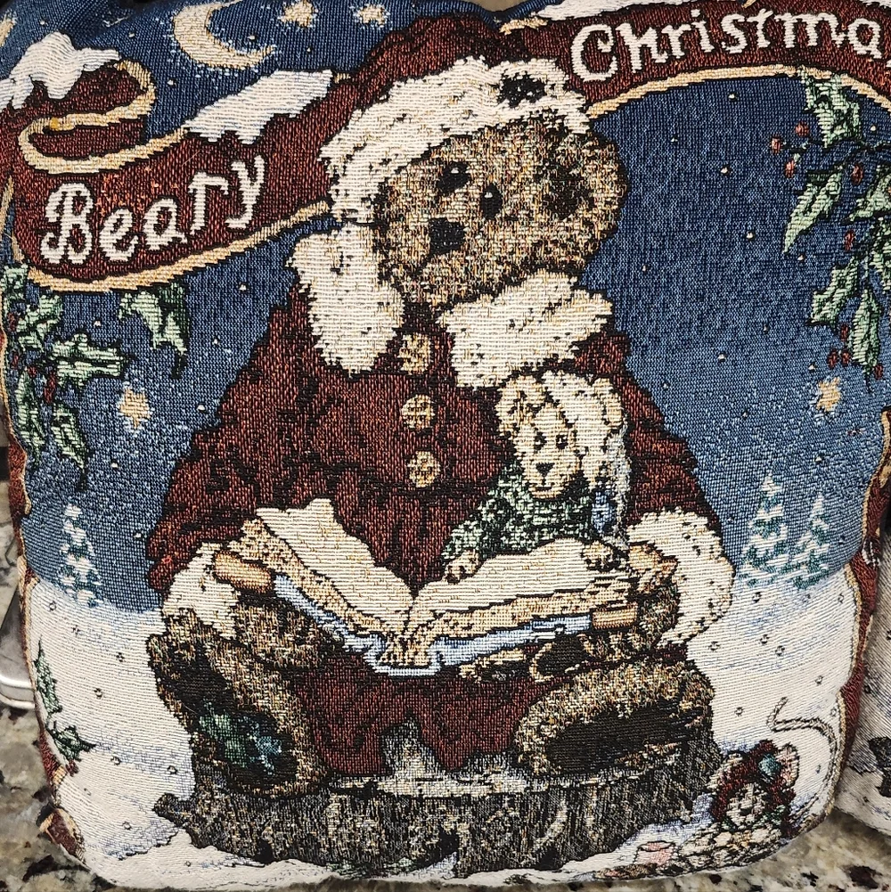 Vintage 90s Boyds Bears Beary Christmas Bear Tapestry Throw Pillow Set